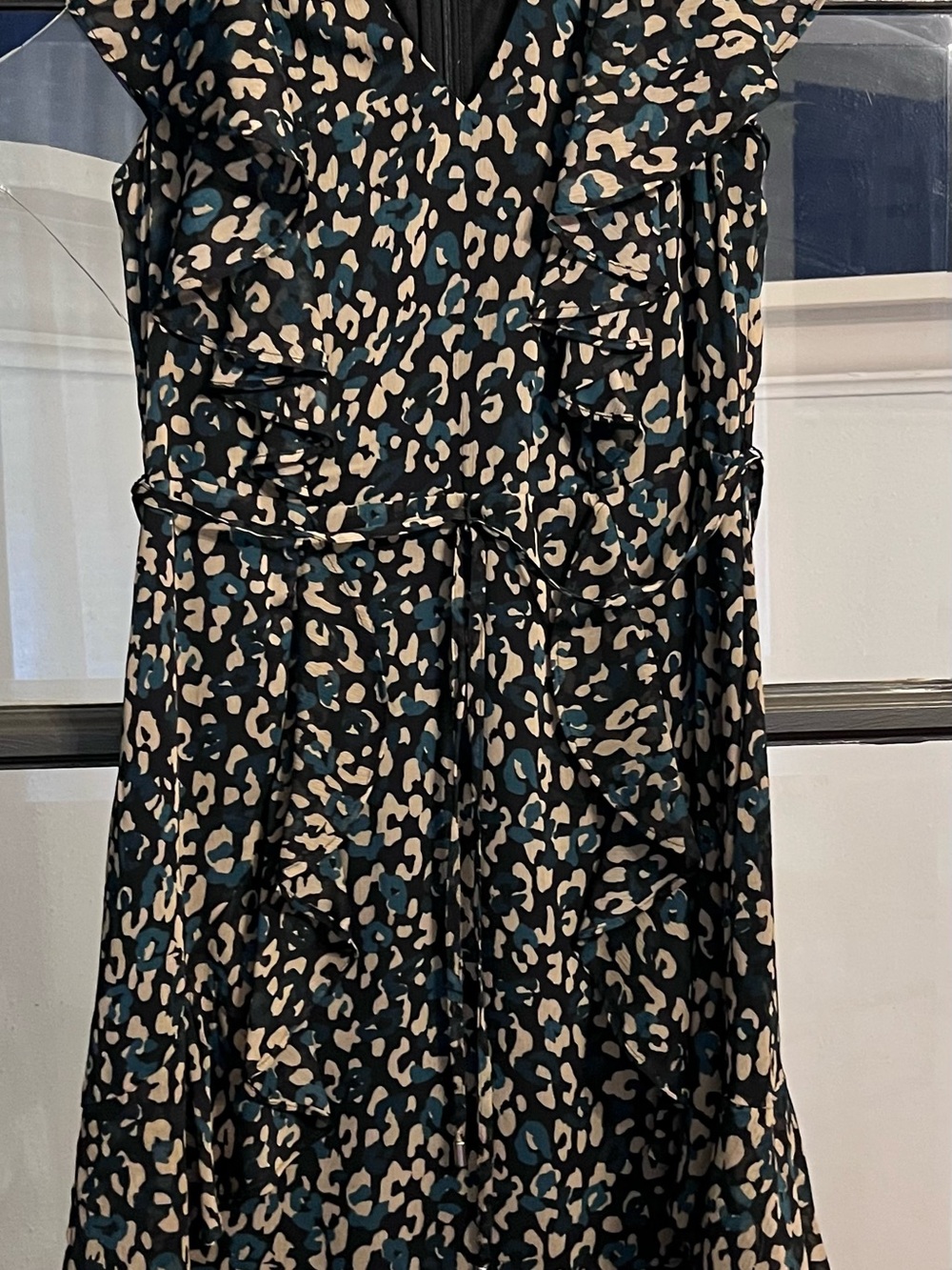 Tommy Hilfiger Black Teal Cream Animal Print Ruffle Midi Dress